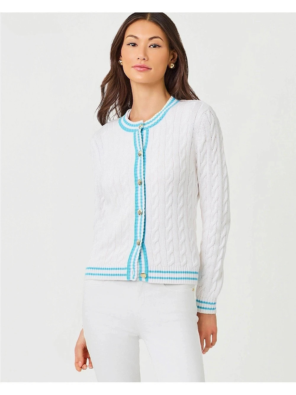 Lilly Pulitzer Brockton Crew Neck Cardigan White & Blue Small Like New